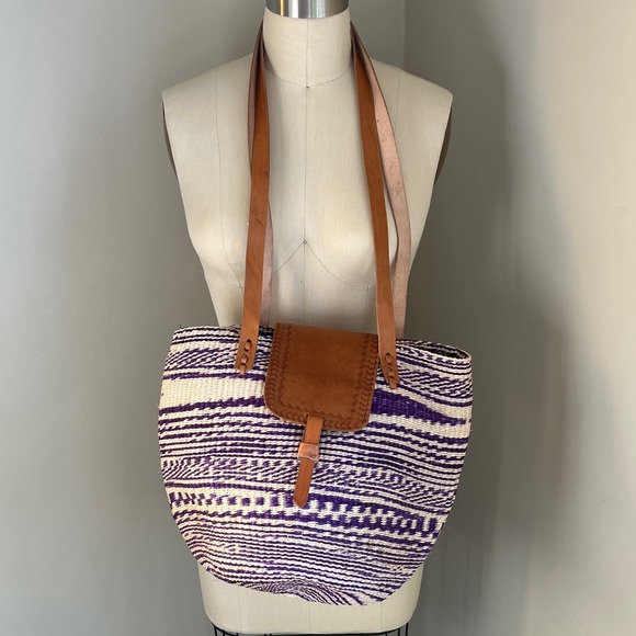 Handbags - Handwoven Sisal Bag Kenyan Kiondo Basket Tote Leather Purple African Artisan